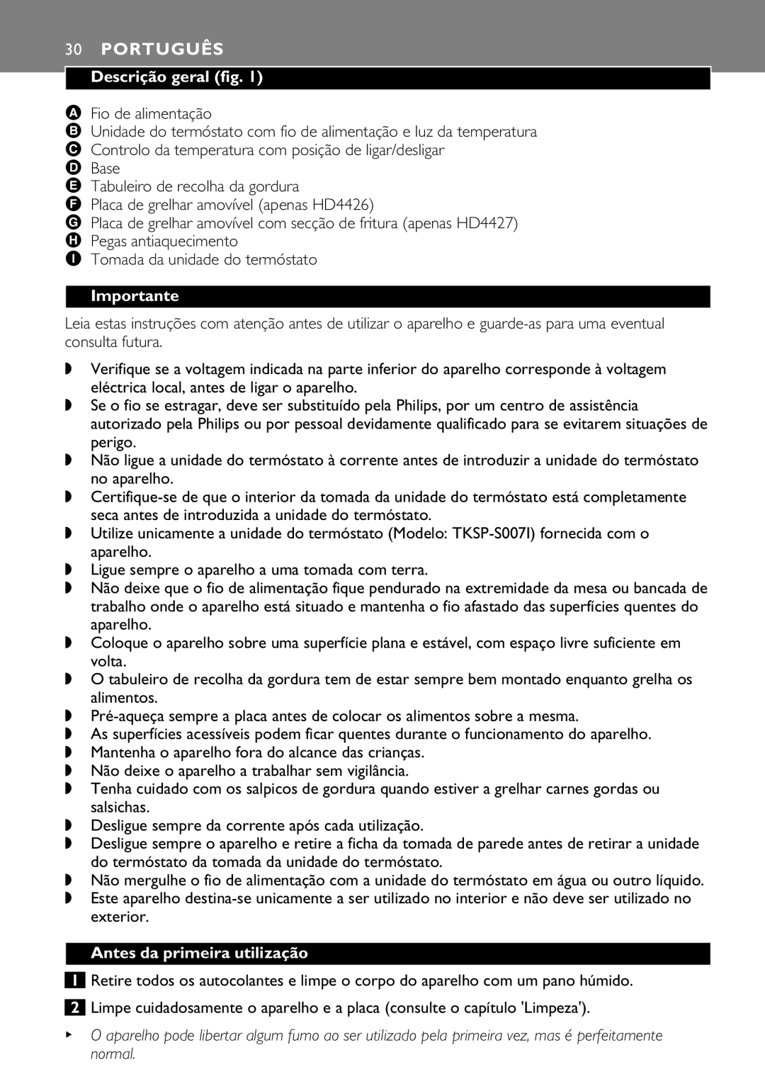 Philips HD4426, HD4427 manual Português, Descrição geral fig, Antes da primeira utilização 