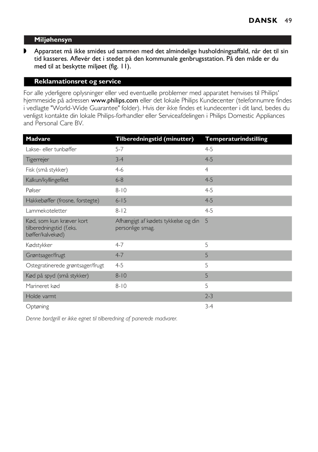 Philips HD4427, HD4426 Miljøhensyn, Reklamationsret og service, Madvare Tilberedningstid minutter Temperaturindstilling 