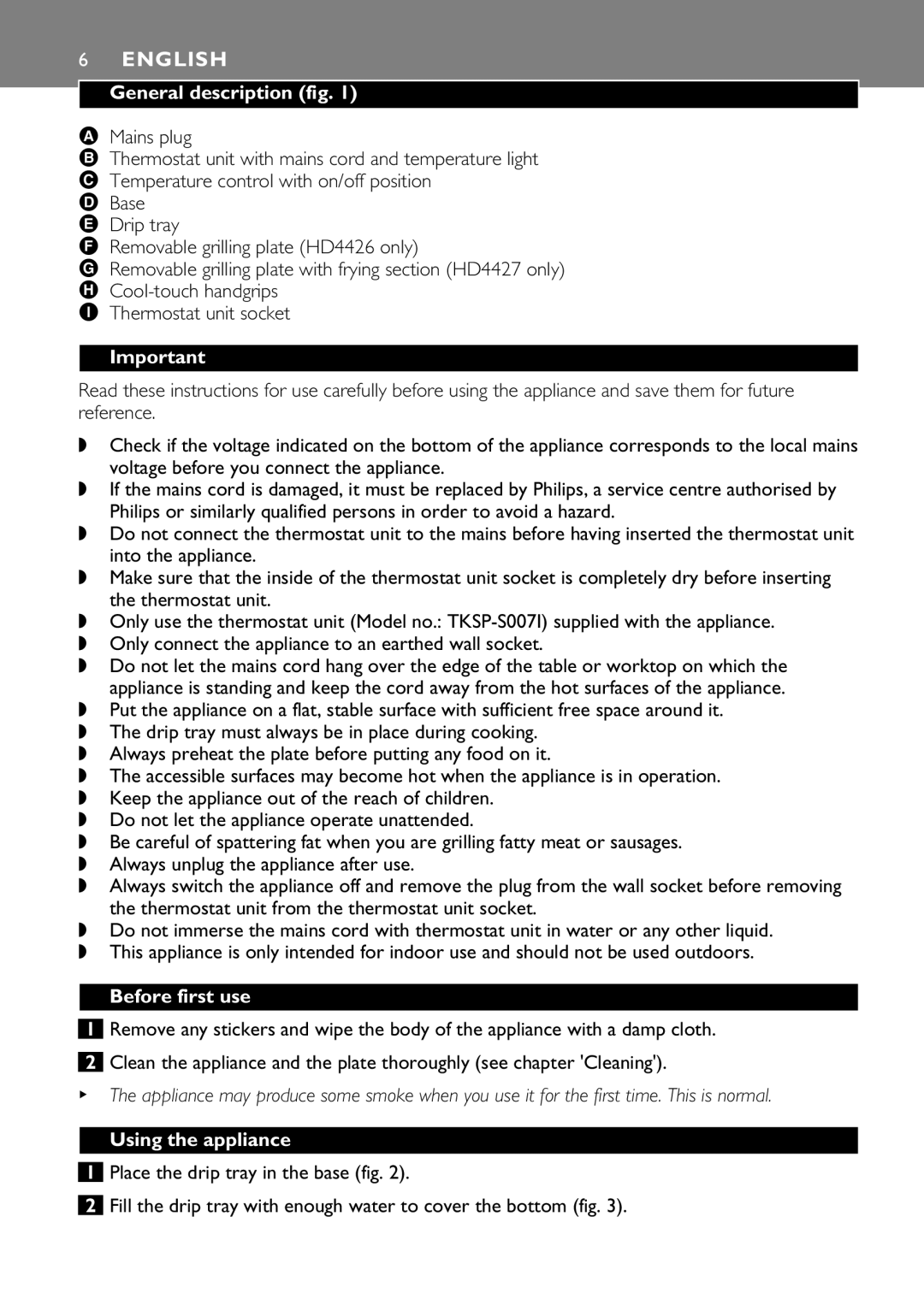 Philips HD4426, HD4427 manual English, General description fig, Before first use, Using the appliance 