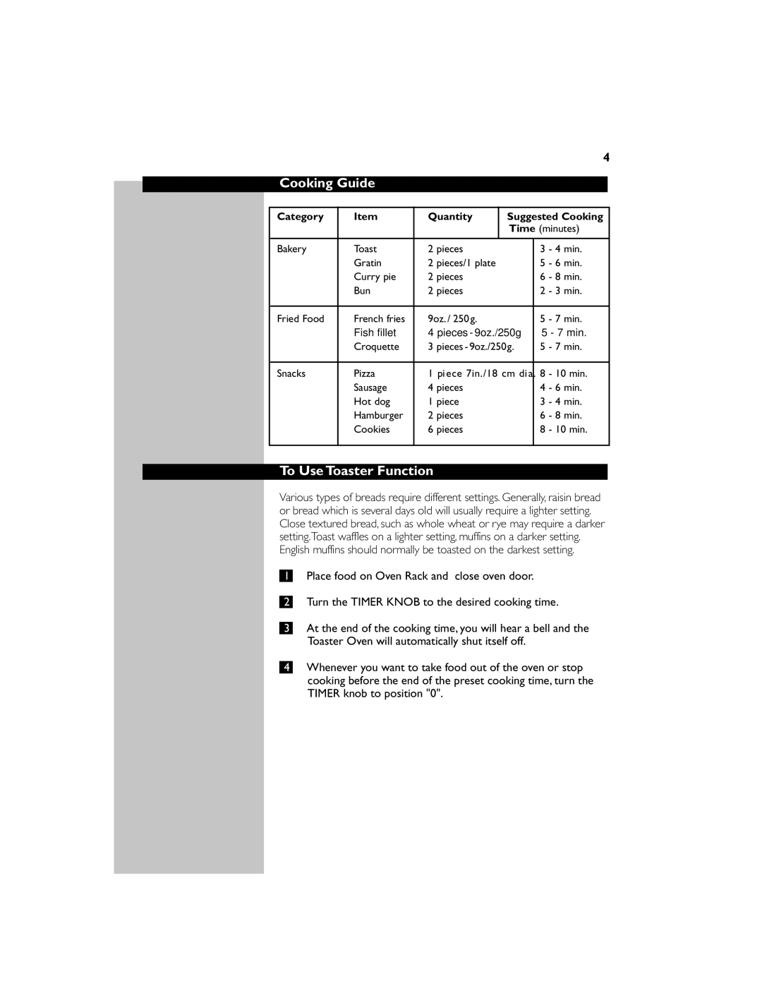 Philips HD4468 manual Cooking Guide, To Use Toaster Function 