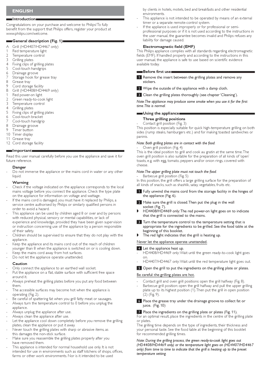 Philips HD4407, HD4469 English, Introduction General description, Appliance, Electromagnetic field EMF Before first use 