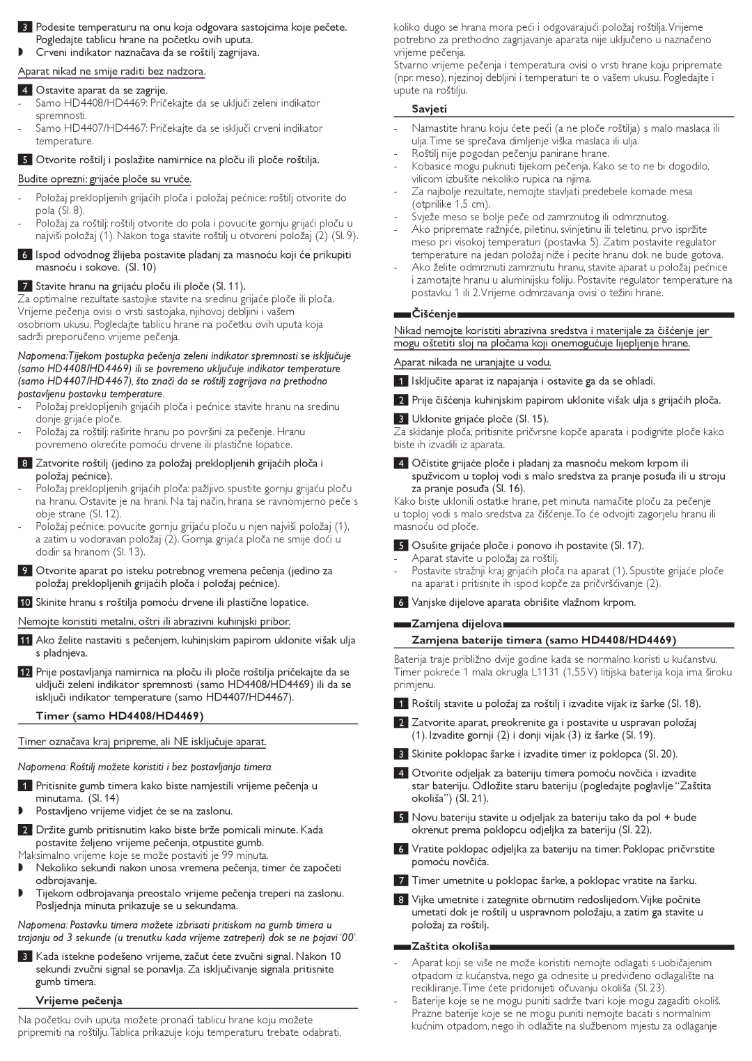 Philips HD4467, HD4407 user manual Timer samo HD4408/HD4469, Vrijeme pečenja, Savjeti, Čišćenje, Zaštita okoliša 