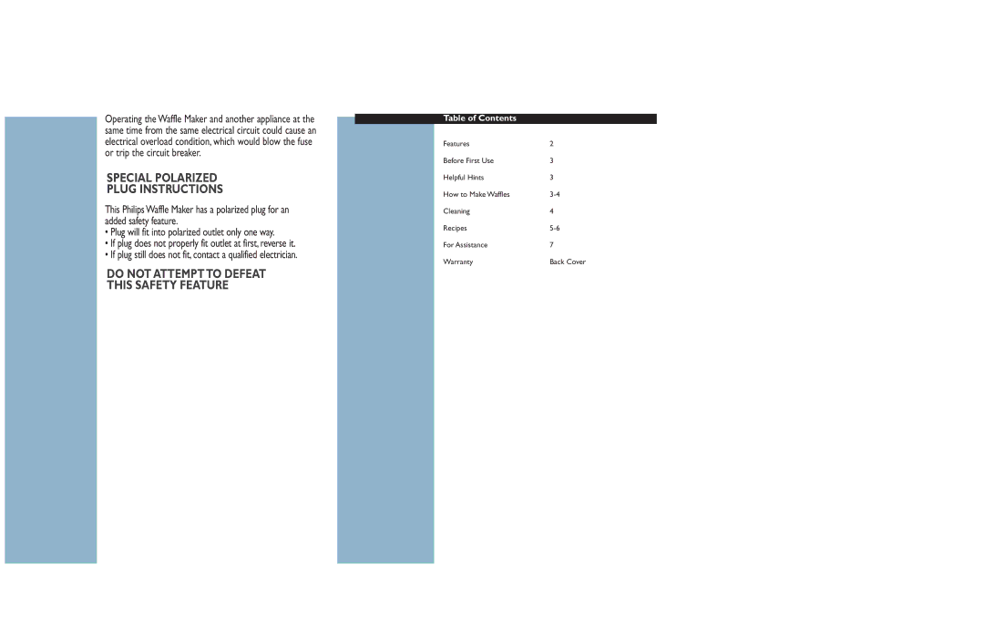 Philips HD4482 manual Special Polarized Plug Instructions, Table of Contents 