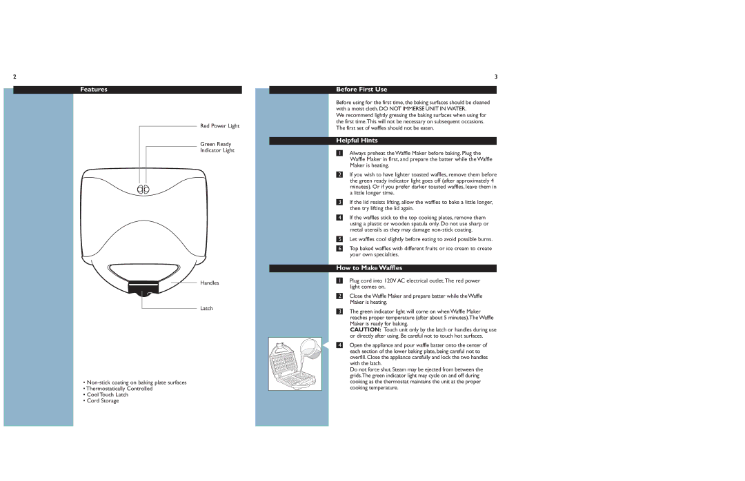 Philips HD4482 manual Features, Before First Use, Helpful Hints, HowO to Make Waffles 