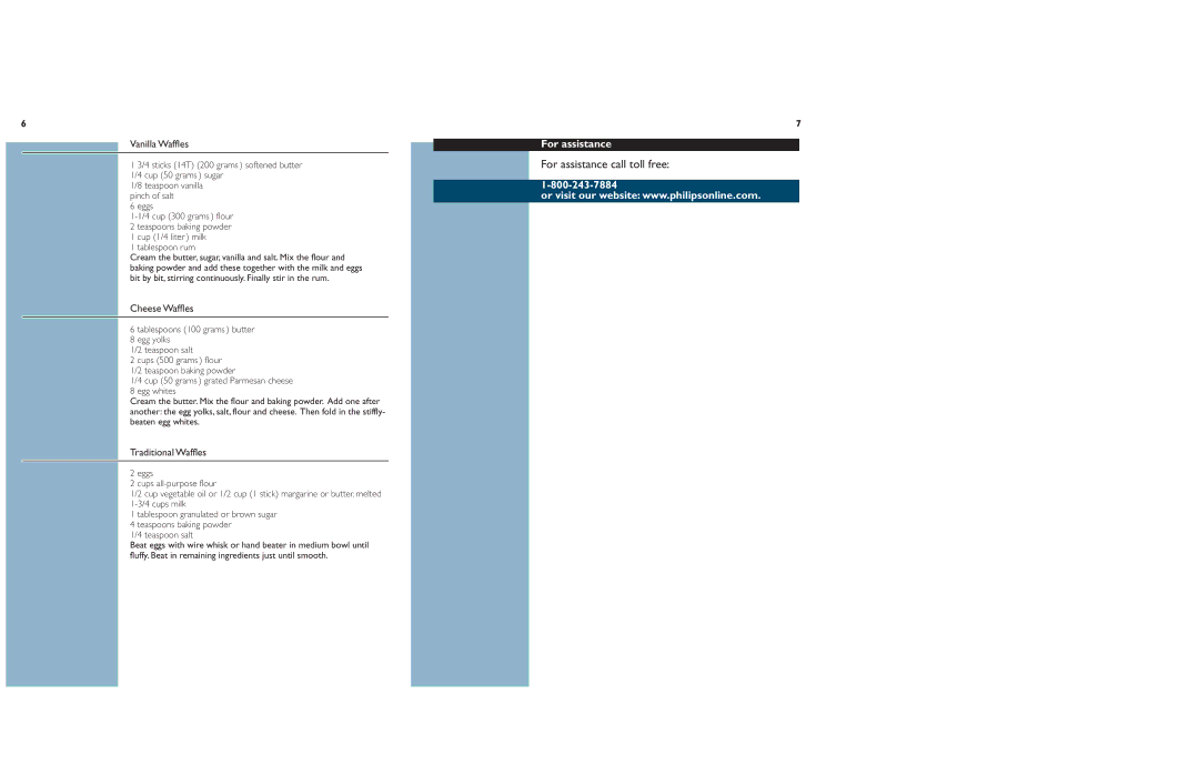 Philips HD4482 manual For assistance, Vanilla Waffles, Cheese Waffles, Traditional Waffles 