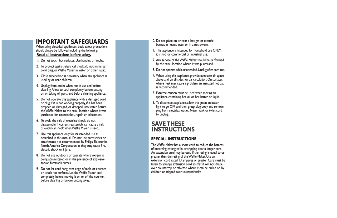 Philips HD4482 Important Safeguards, Save These Instructions, Read all instructions before using, Special Instructions 