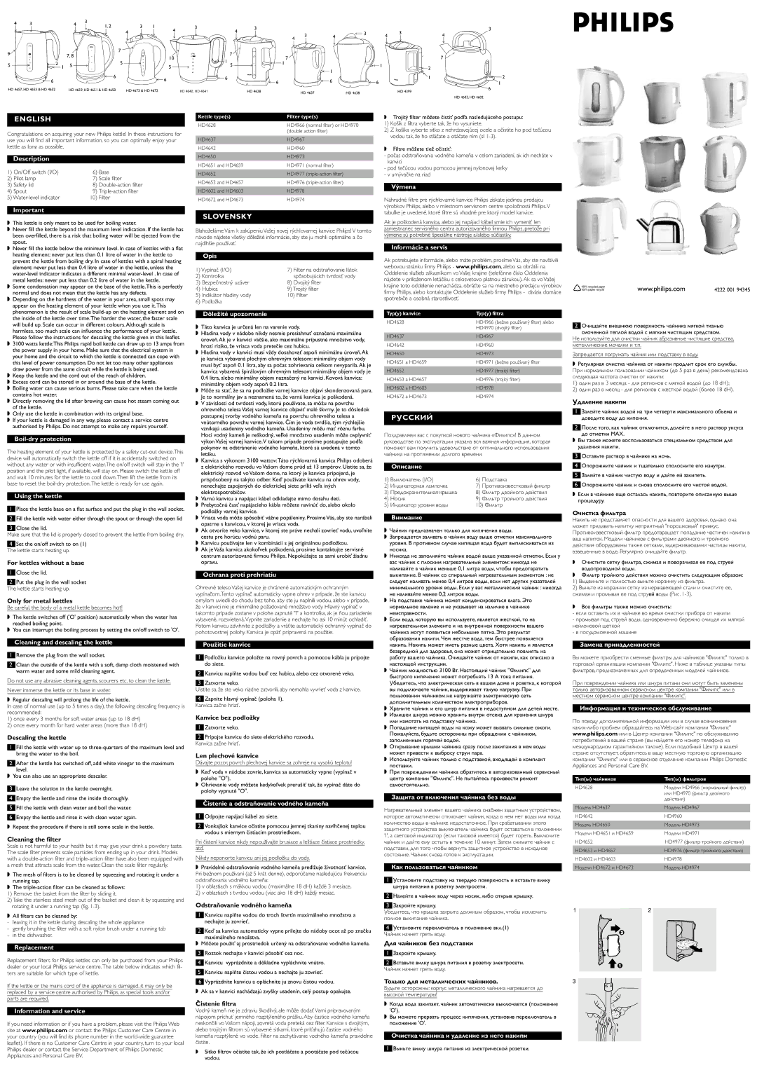 Philips HD4642 manual Výmena, Boil-dry protection, Using the kettle, Cleaning and descaling the kettle, Replacement, Opis 