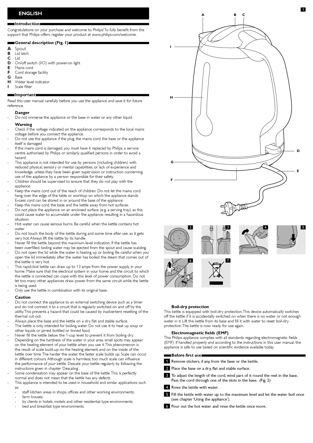 Philips HD4644 manual Introduction General description, Boil-dry protection, Electromagnetic fields EMF Before first use 