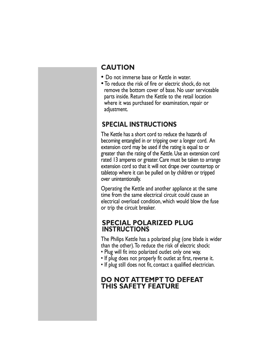 Philips HD4651 manual Special Instructions, Do not immerse base or Kettle in water 