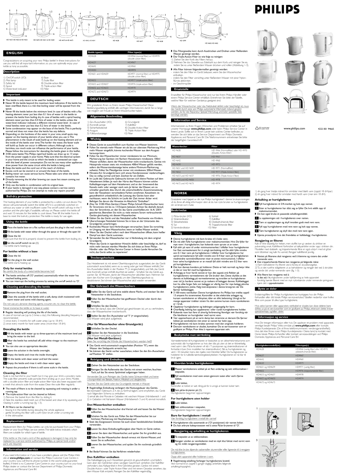 Philips HD4654 manual Ersatzteile, Boil-dry protection, Using the kettle, Allgemeine Beschreibug, Wichtig, Viktig 