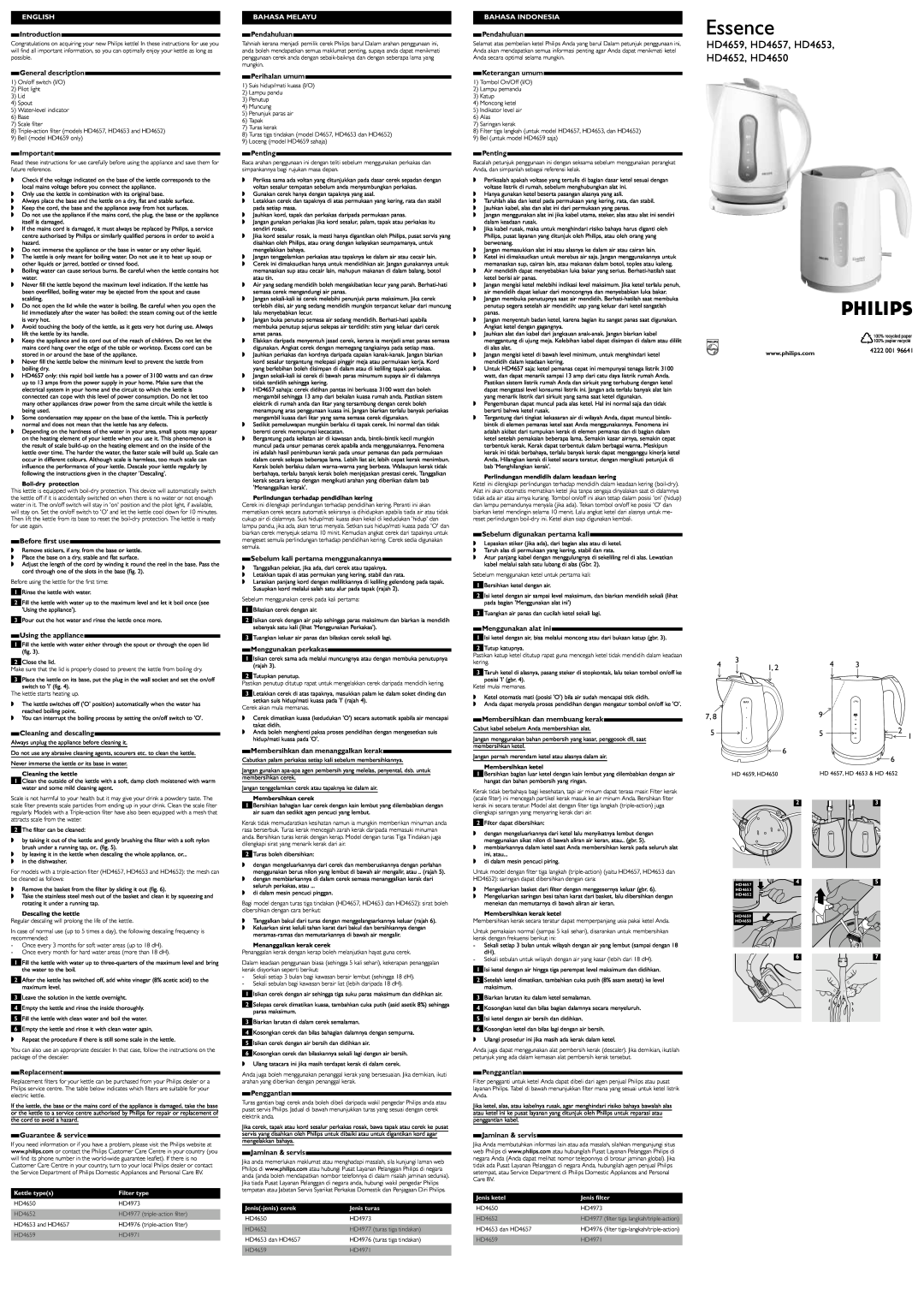 Philips manual Essence, HD4659, HD4657, HD4653 HD4652, HD4650, English, Bahasa Melayu, Bahasa Indonesia 