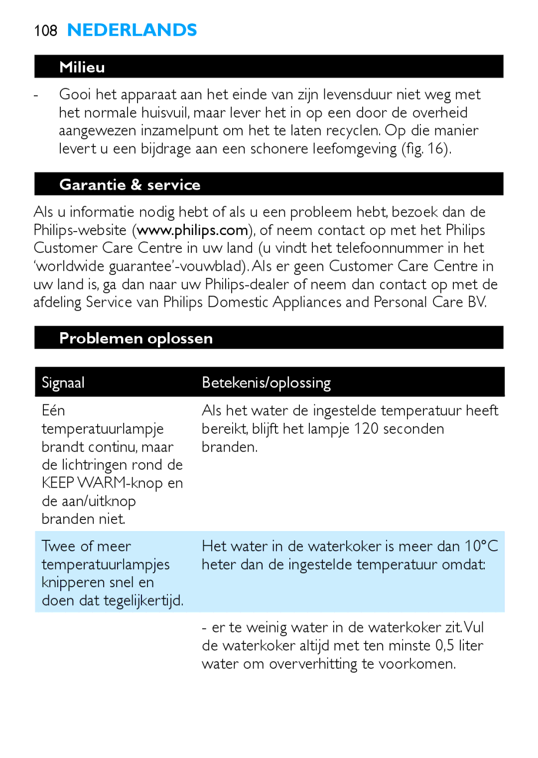 Philips HD4685, HD4686 manual Milieu, Garantie & service Problemen oplossen, Signaal Betekenis/oplossing 