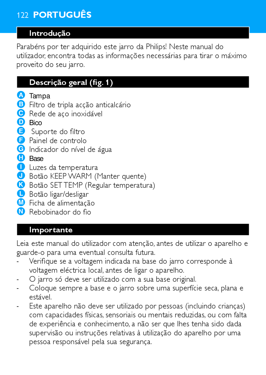 Philips HD4685, HD4686 manual Português, Introdução, Descrição geral fig 