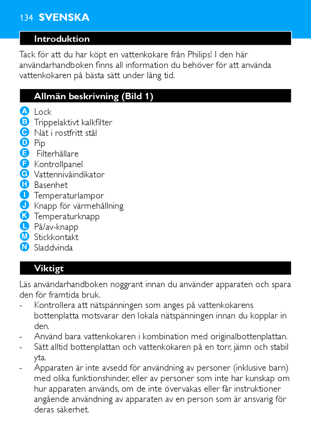 Philips HD4685, HD4686 manual Svenska, Allmän beskrivning Bild, Viktigt 