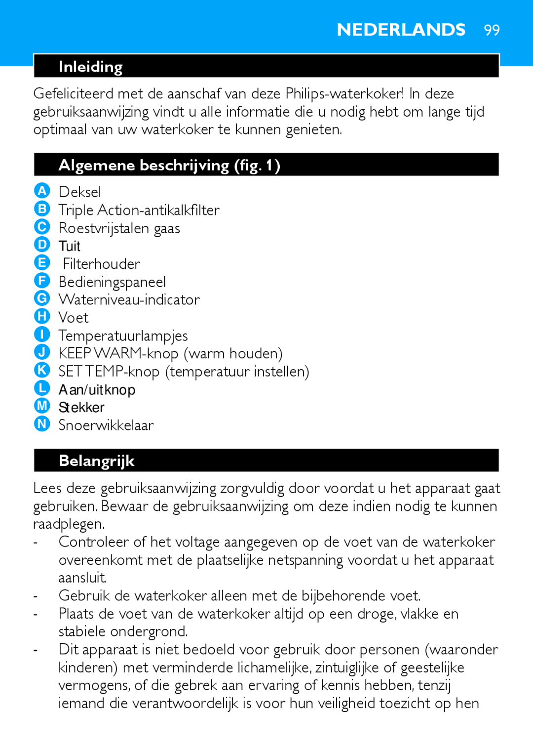 Philips HD4686, HD4685 manual Nederlands, Inleiding, Algemene beschrijving fig, Belangrijk 