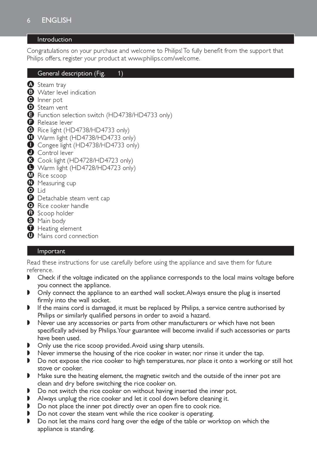 Philips HD4728, HD4738, HD4723, HD4733 manual Introduction, General description Fig 