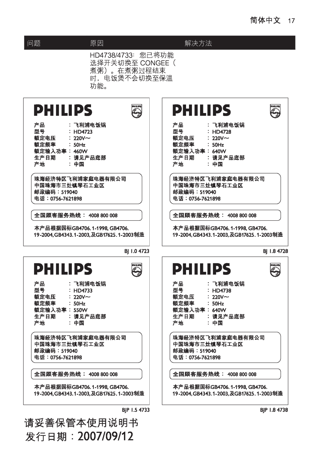Philips HD4723, HD4728, HD4733 manual 00/09/1, 简体中文, 解决方法, HD4738/4733：您已将功能 
