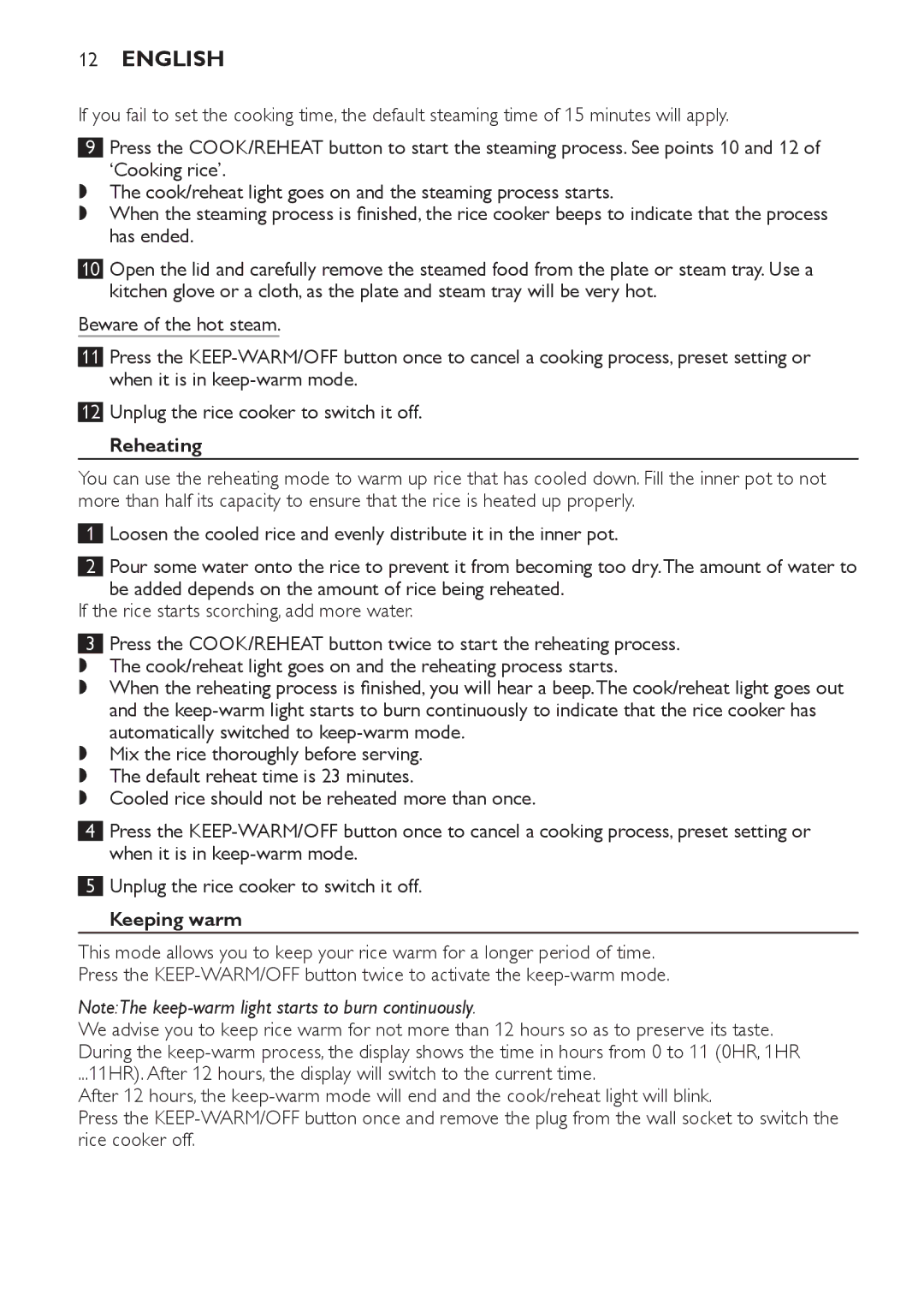 Philips HD4755, HD4751 manual Reheating, Keeping warm 