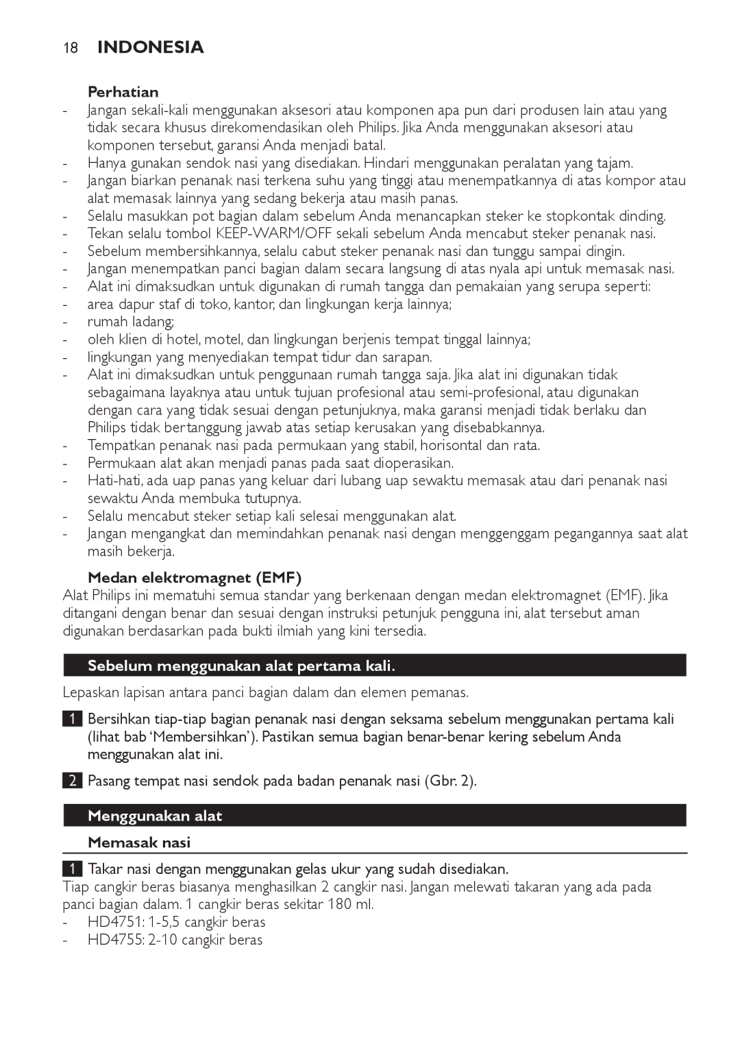 Philips HD4755 Perhatian, Medan elektromagnet EMF, Sebelum menggunakan alat pertama kali, Menggunakan alat, Memasak nasi 