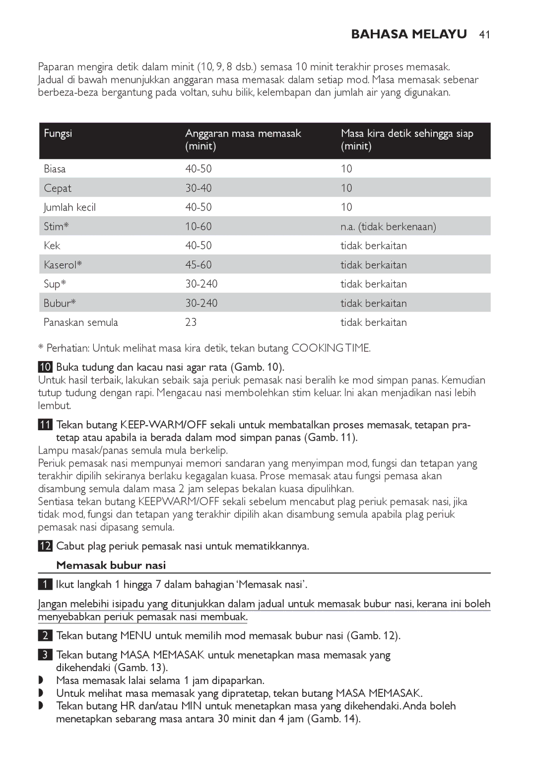 Philips HD4751, HD4755 manual Minit, Memasak bubur nasi 