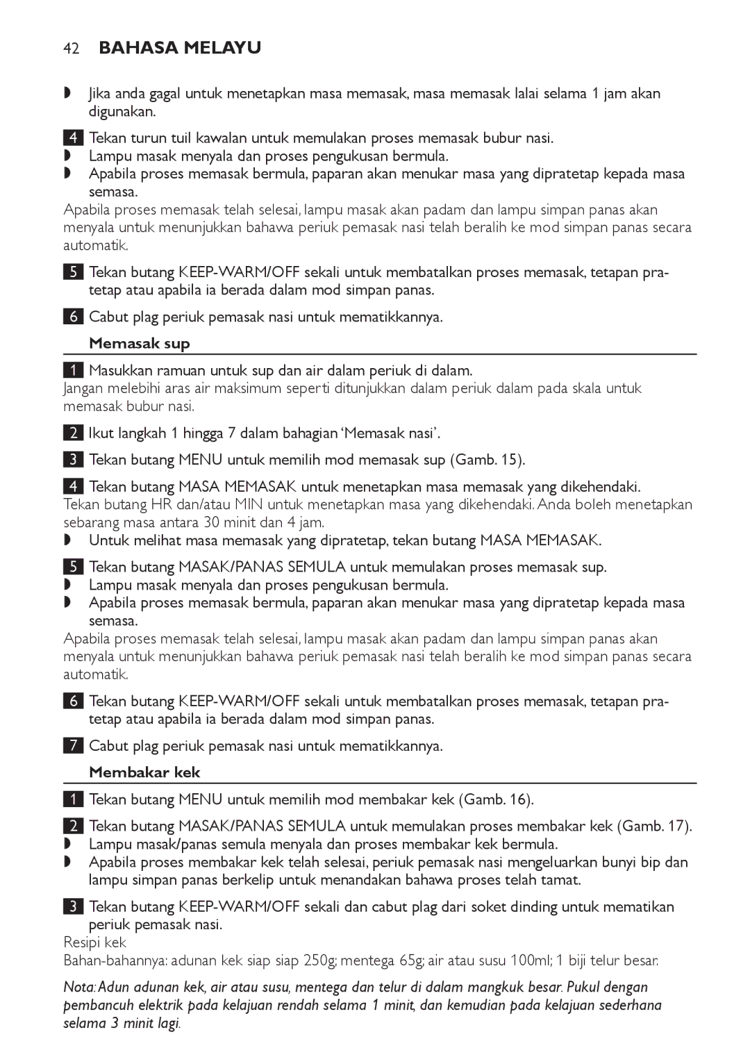 Philips HD4755, HD4751 manual Membakar kek, Tekan butang Menu untuk memilih mod membakar kek Gamb 