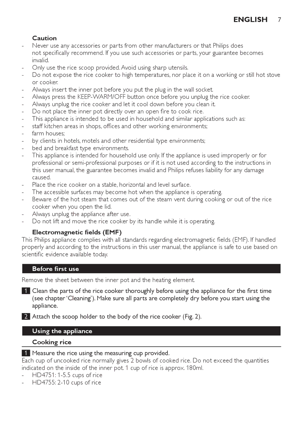 Philips HD4751, HD4755 manual English, Electromagnetic fields EMF, Before first use, Using the appliance, Cooking rice 