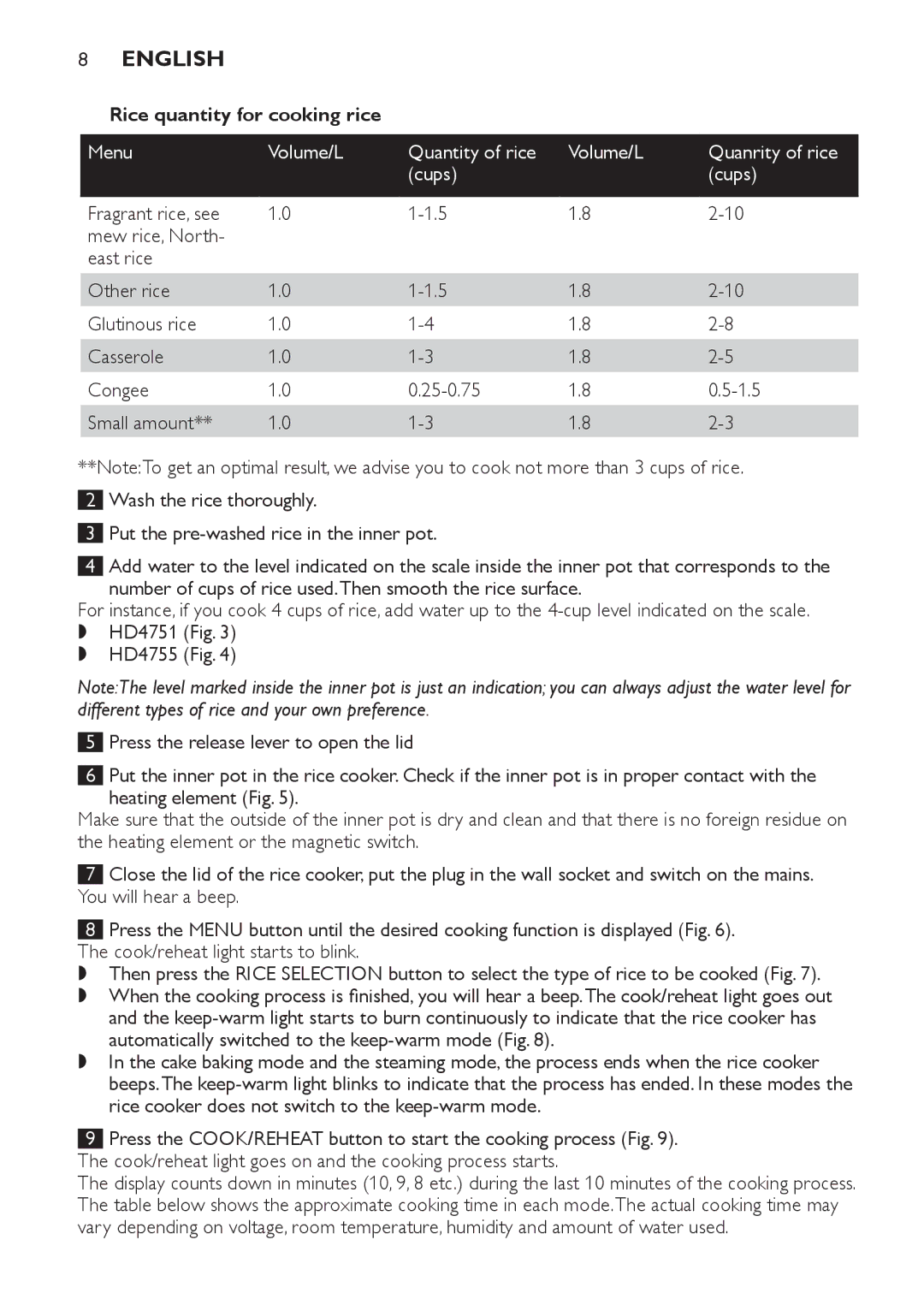 Philips HD4755, HD4751 manual Rice quantity for cooking rice, Menu Volume/L Quantity of rice Quanrity of rice Cups 