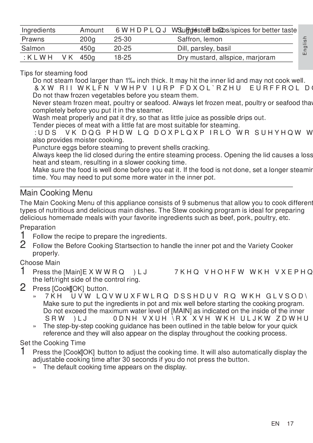 Philips HD4779 user manual Main Cooking Menu, Ingredients Amount Steaming time min 