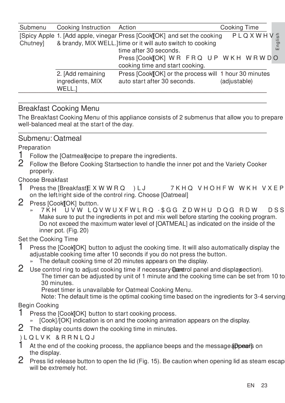 Philips HD4779 user manual Breakfast Cooking Menu, Submenu Oatmeal 