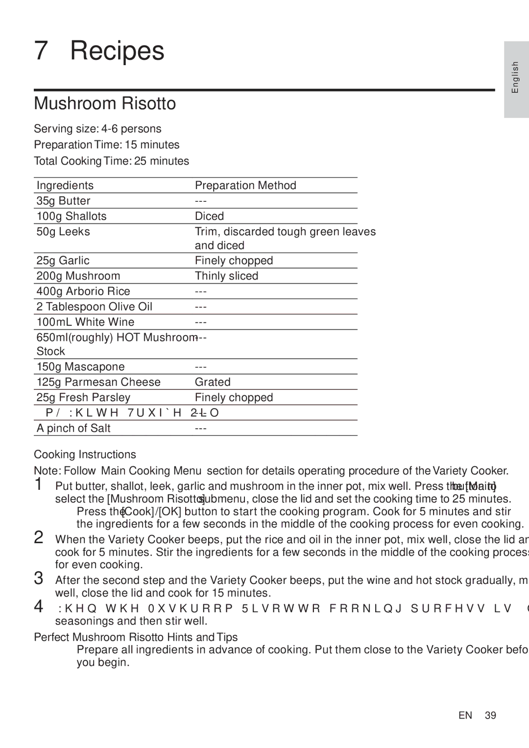 Philips HD4779 user manual Mushroom Risotto, Serving size 4-6 persons Preparation Time 15 minutes 