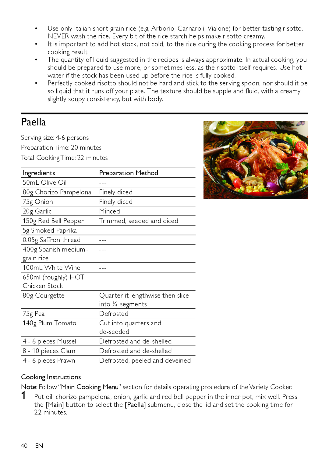 Philips HD4779 user manual Paella, Finely diced, Into ¼ segments 