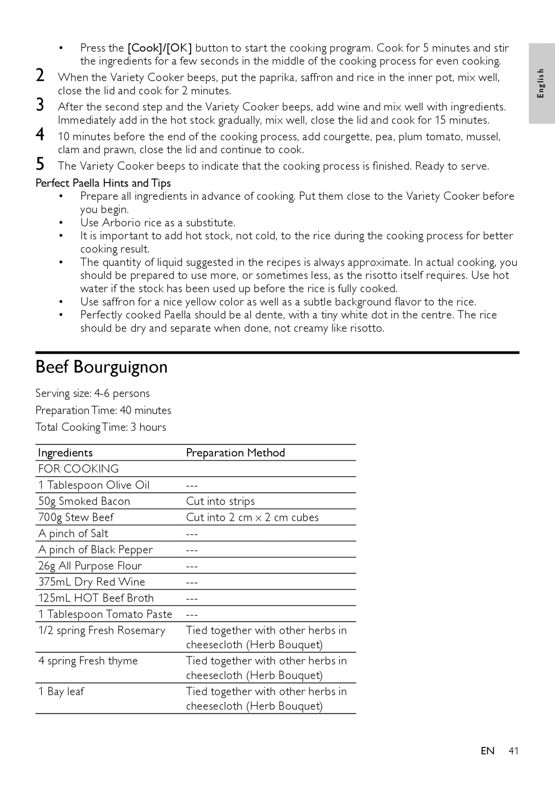 Philips HD4779 user manual Beef Bourguignon, Cheesecloth Herb Bouquet, Spring Fresh thyme, Bay leaf 