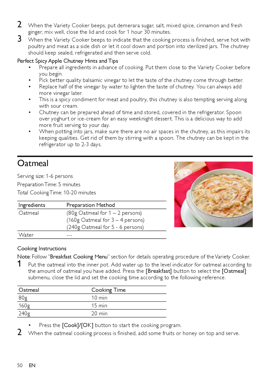 Philips HD4779 user manual Oatmeal Cooking Time 