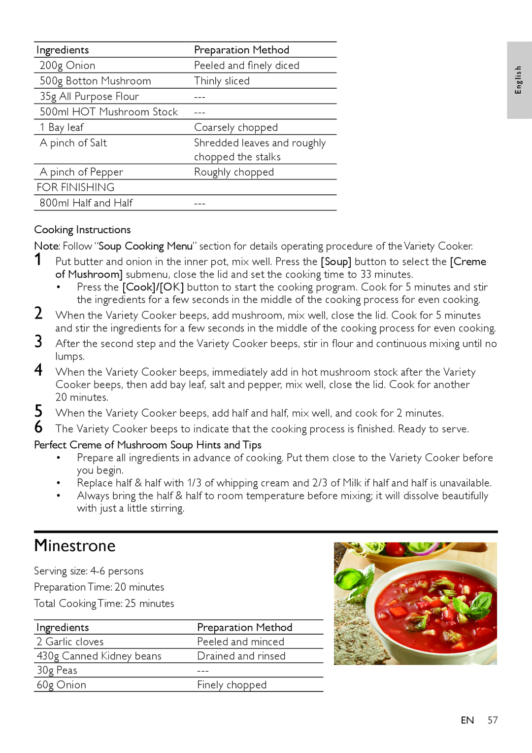 Philips HD4779 Minestrone, 500g Botton Mushroom Thinly sliced 35g All Purpose Flour, 30g Peas 60g Onion Finely chopped 