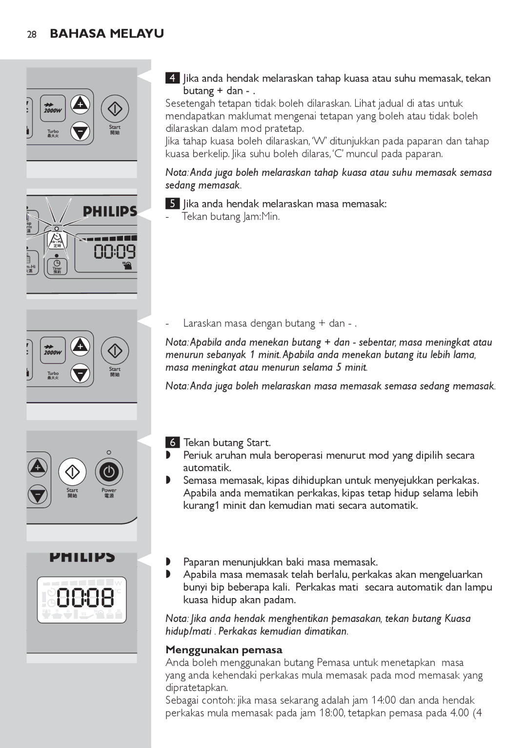 Philips HD4918 manual Paparan menunjukkan baki masa memasak, Menggunakan pemasa 