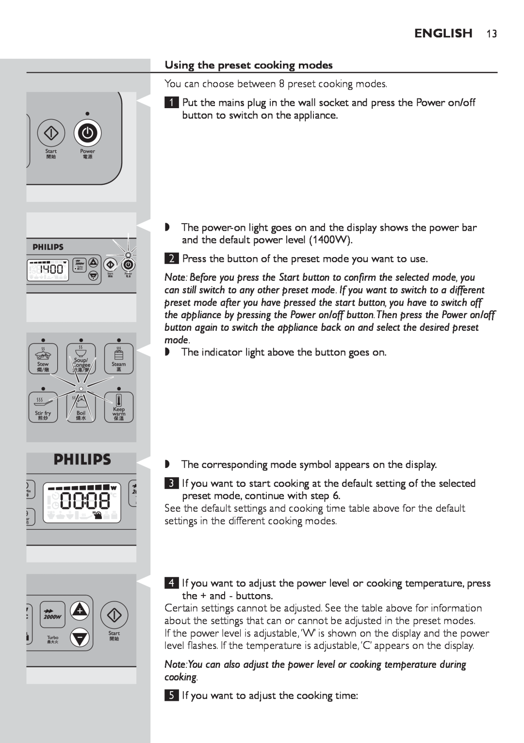 Philips HD4918 manual English, Using the preset cooking modes 