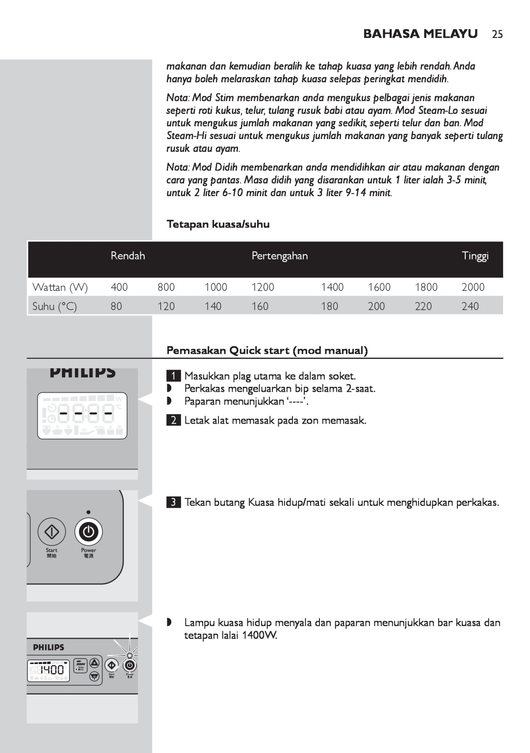 Philips HD4918 Bahasa Melayu, Tetapan kuasa/suhu, Tinggi, Pemasakan Quick start mod manual 