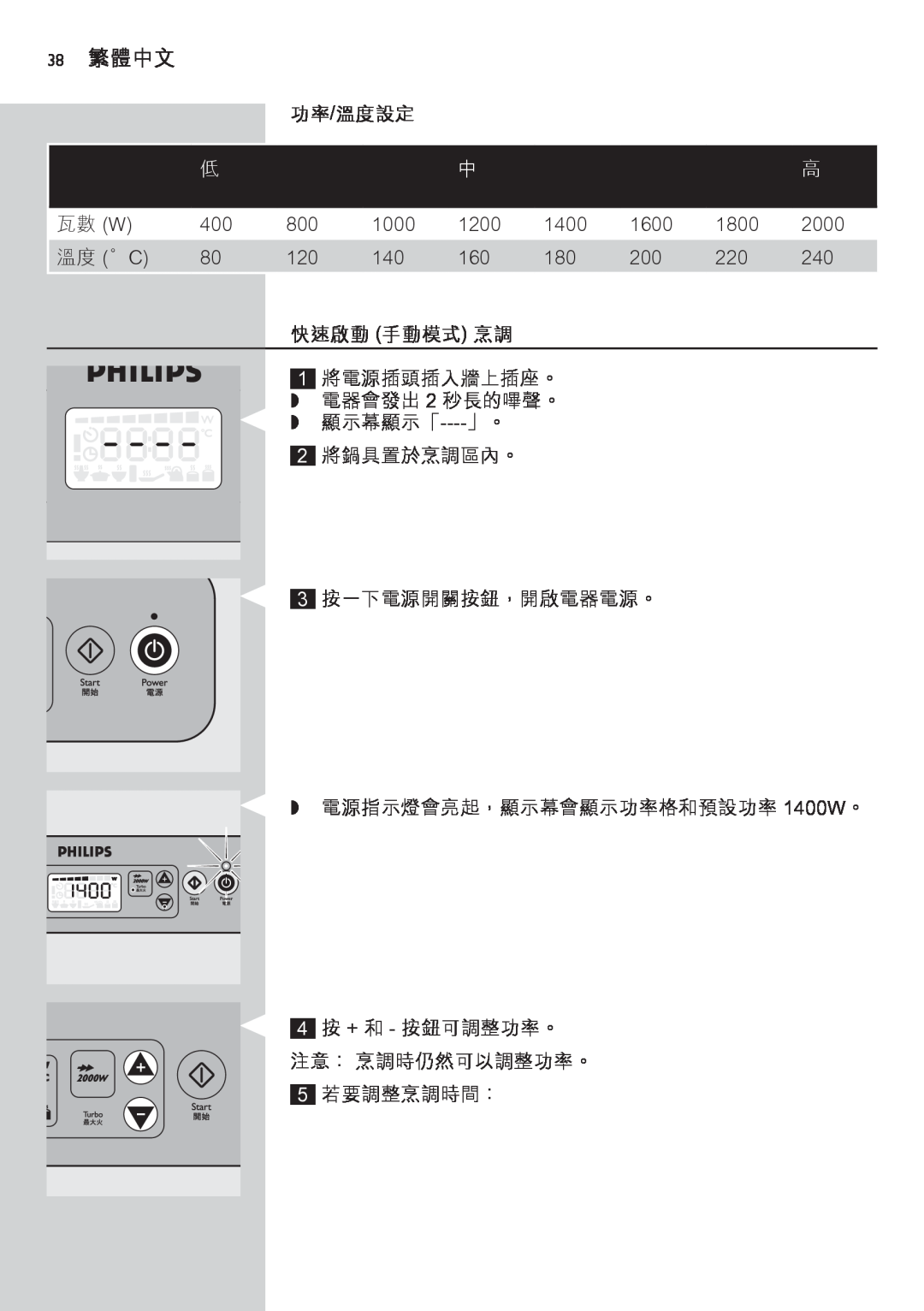Philips HD4918 manual 38 繁體中文, 功率/溫度設定, 快速啟動 手動模式 烹調 
