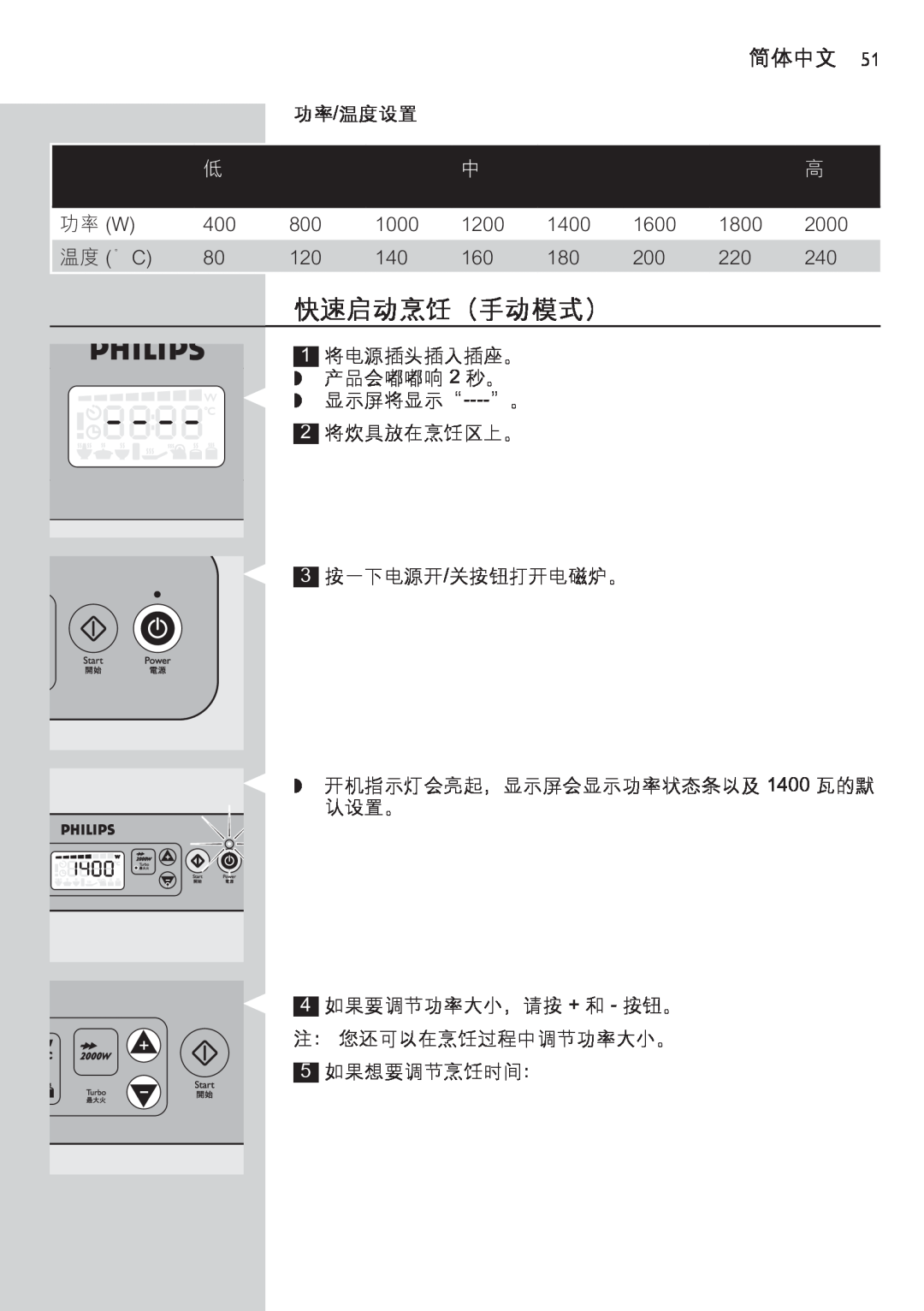 Philips HD4918 manual 快速启动烹饪（手动模式）, 简体中文, 功率/温度设置 