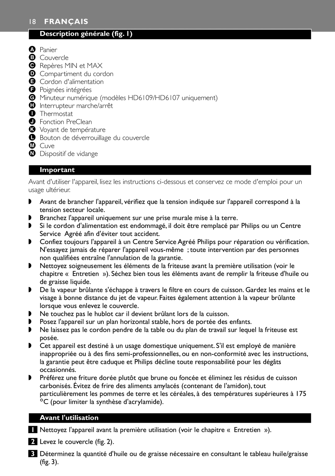 Philips HD6105, HD6107, HD6106, HD6109 manual Français, Description générale fig, Avant lutilisation 