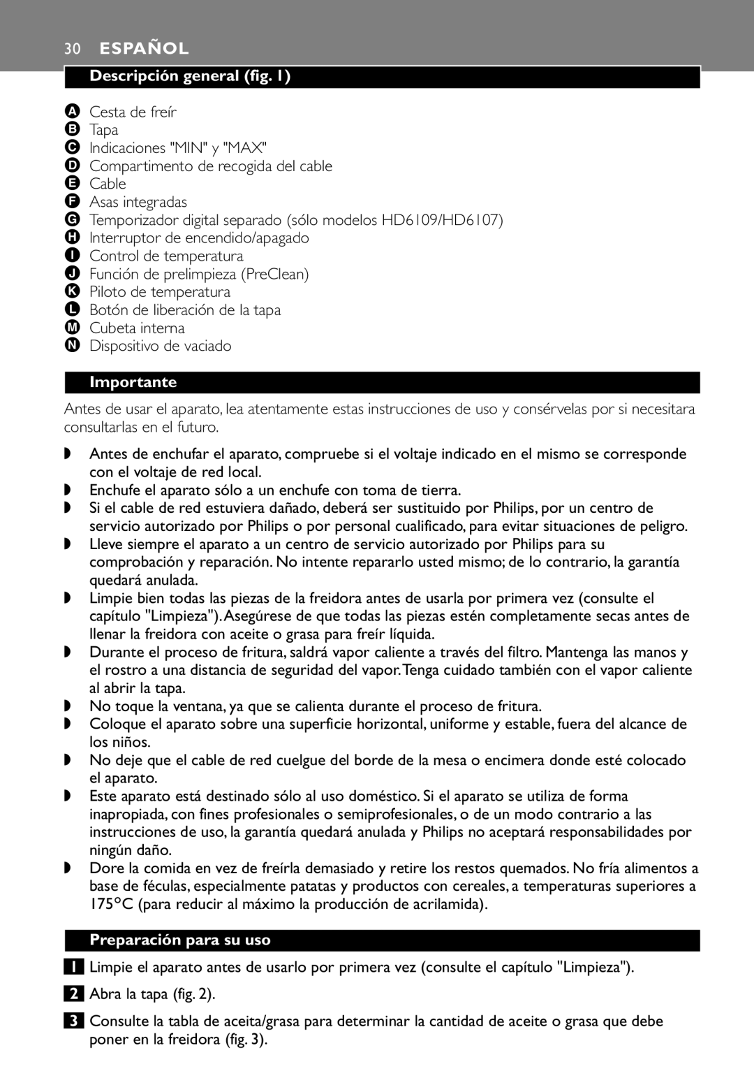 Philips HD6105, HD6107, HD6106, HD6109 manual Español, Descripción general fig, Importante, Preparación para su uso 