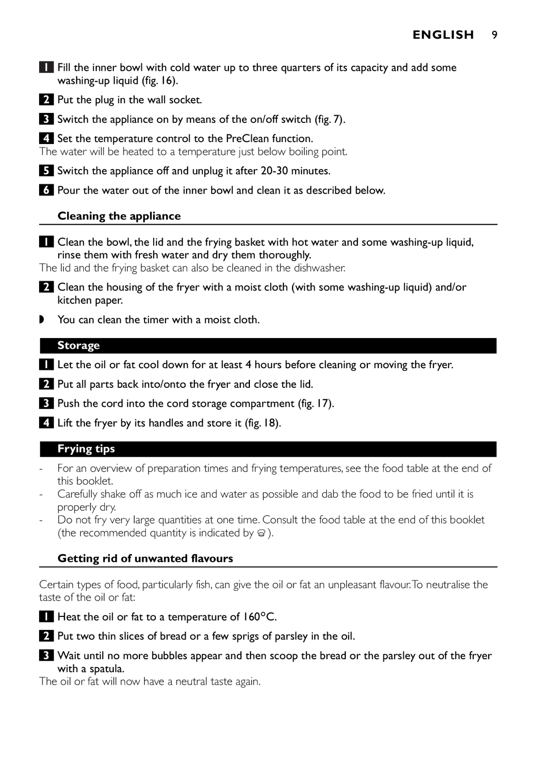 Philips HD6106, HD6107, HD6105, HD6109 manual Cleaning the appliance, Storage, Frying tips, Getting rid of unwanted flavours 