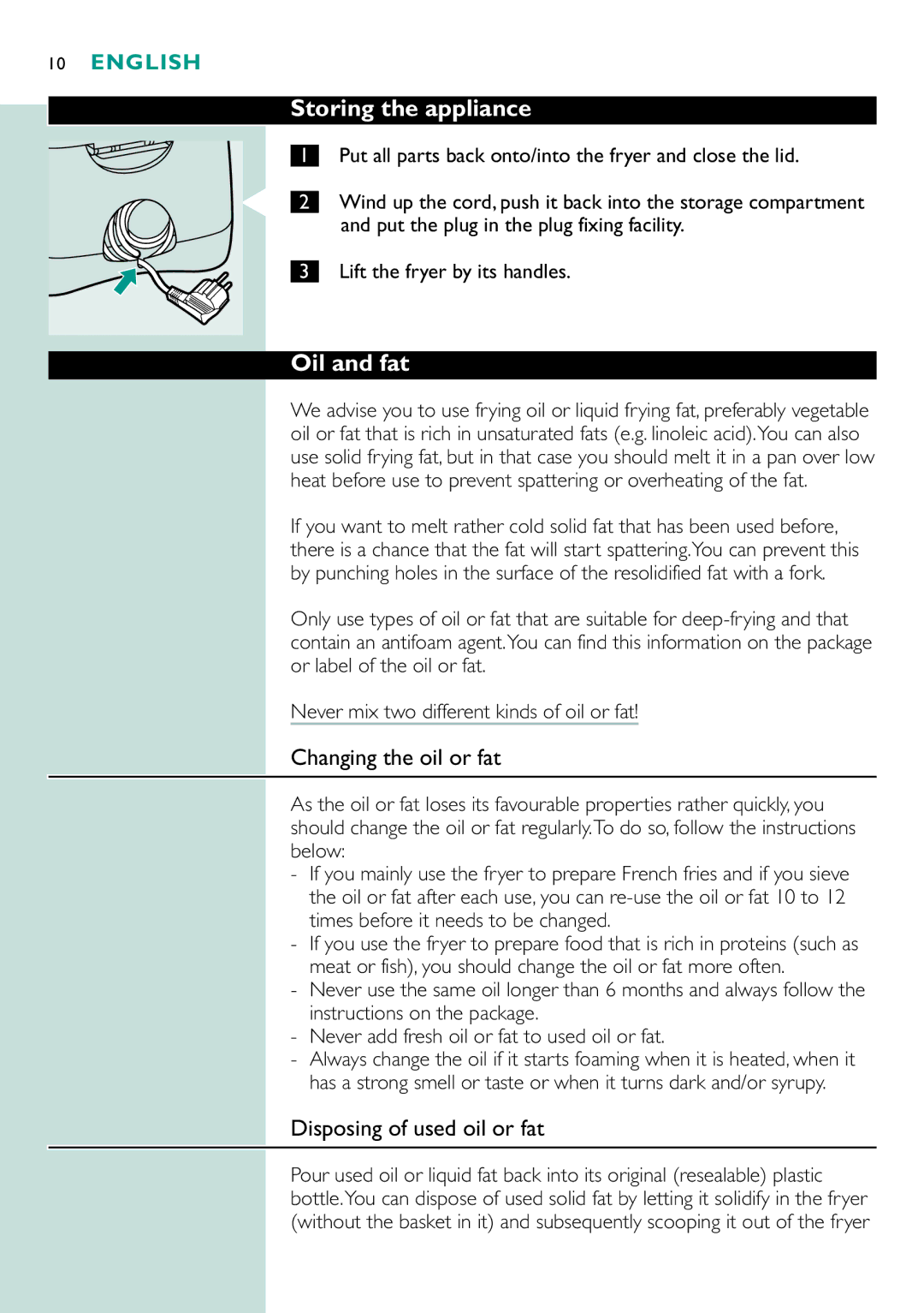 Philips HD6120 manual Storing the appliance, Oil and fat 