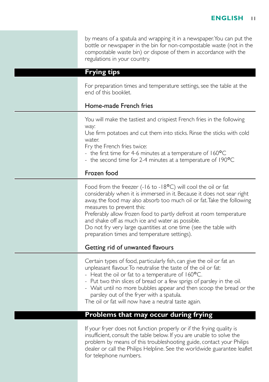 Philips HD6120 manual Frying tips, Problems that may occur during frying 