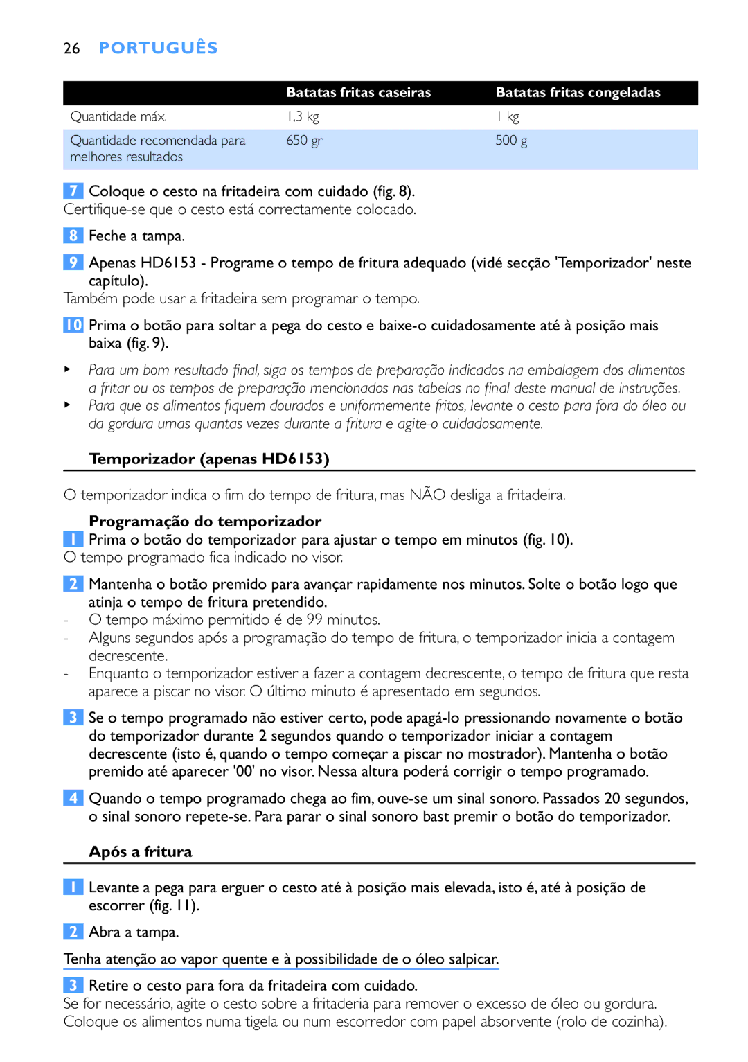 Philips HD6152 manual Temporizador apenas HD6153, Programação do temporizador, Após a fritura 