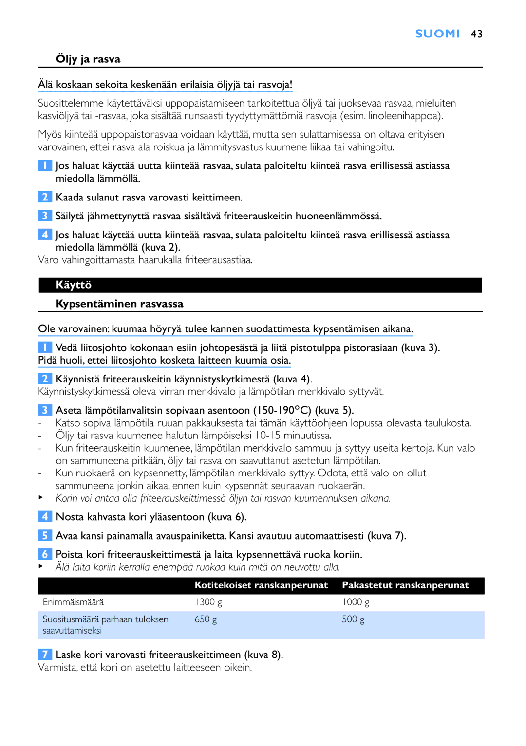 Philips HD6152, HD6153 manual Suomi, Öljy ja rasva, Käyttö, Kypsentäminen rasvassa, Pakastetut ranskanperunat 