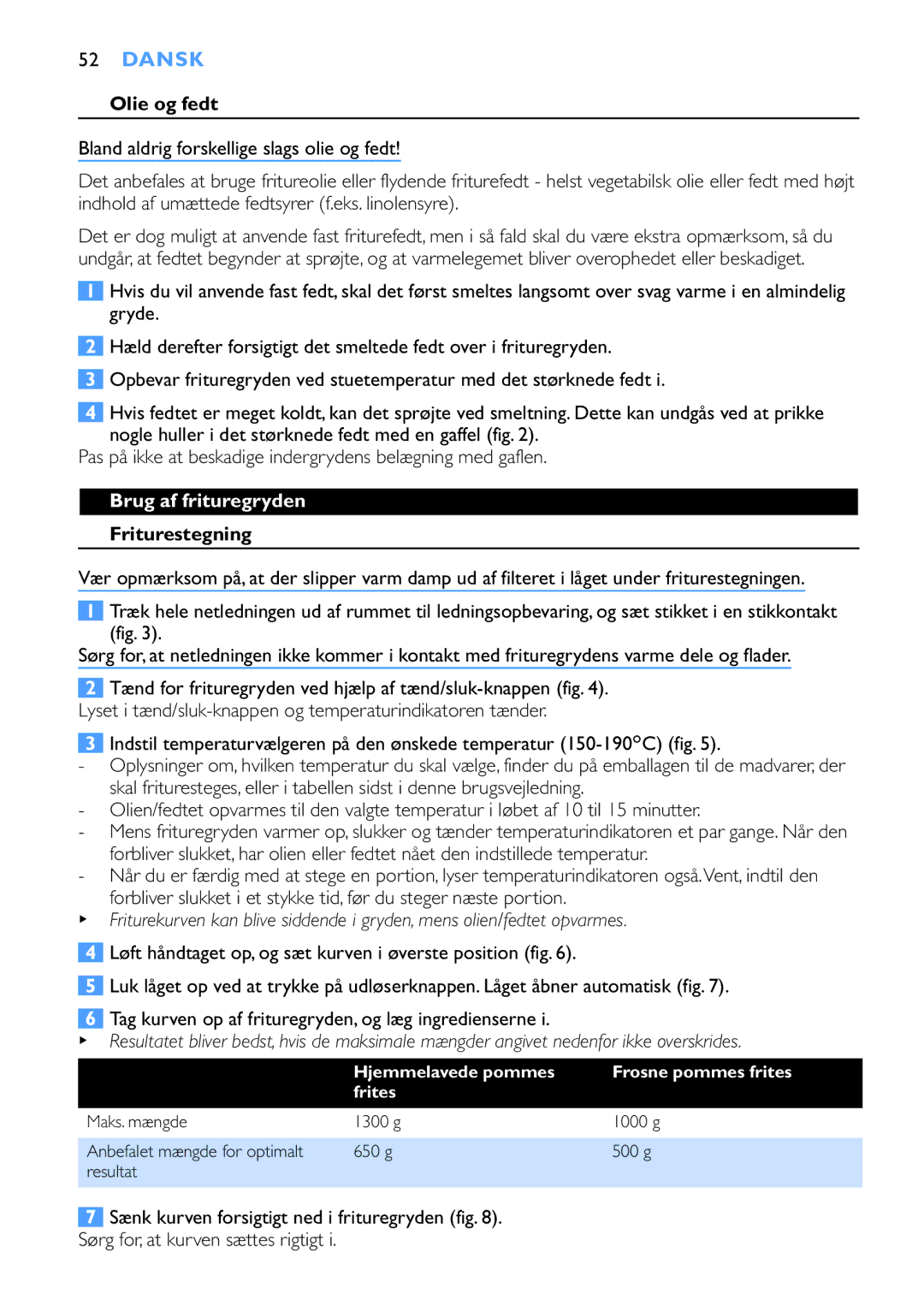 Philips HD6153, HD6152 manual Dansk, Olie og fedt, Brug af frituregryden, Friturestegning 