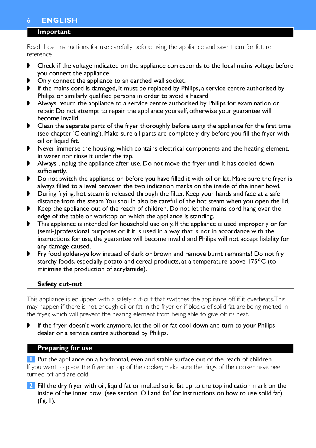 Philips HD6153, HD6152 manual Safety cut-out, Preparing for use 