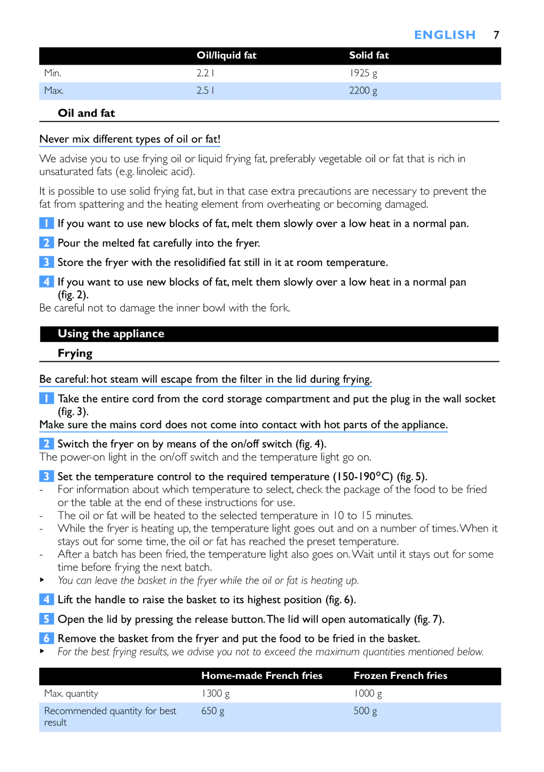 Philips HD6152, HD6153 manual English, Oil and fat, Using the appliance, Frying 