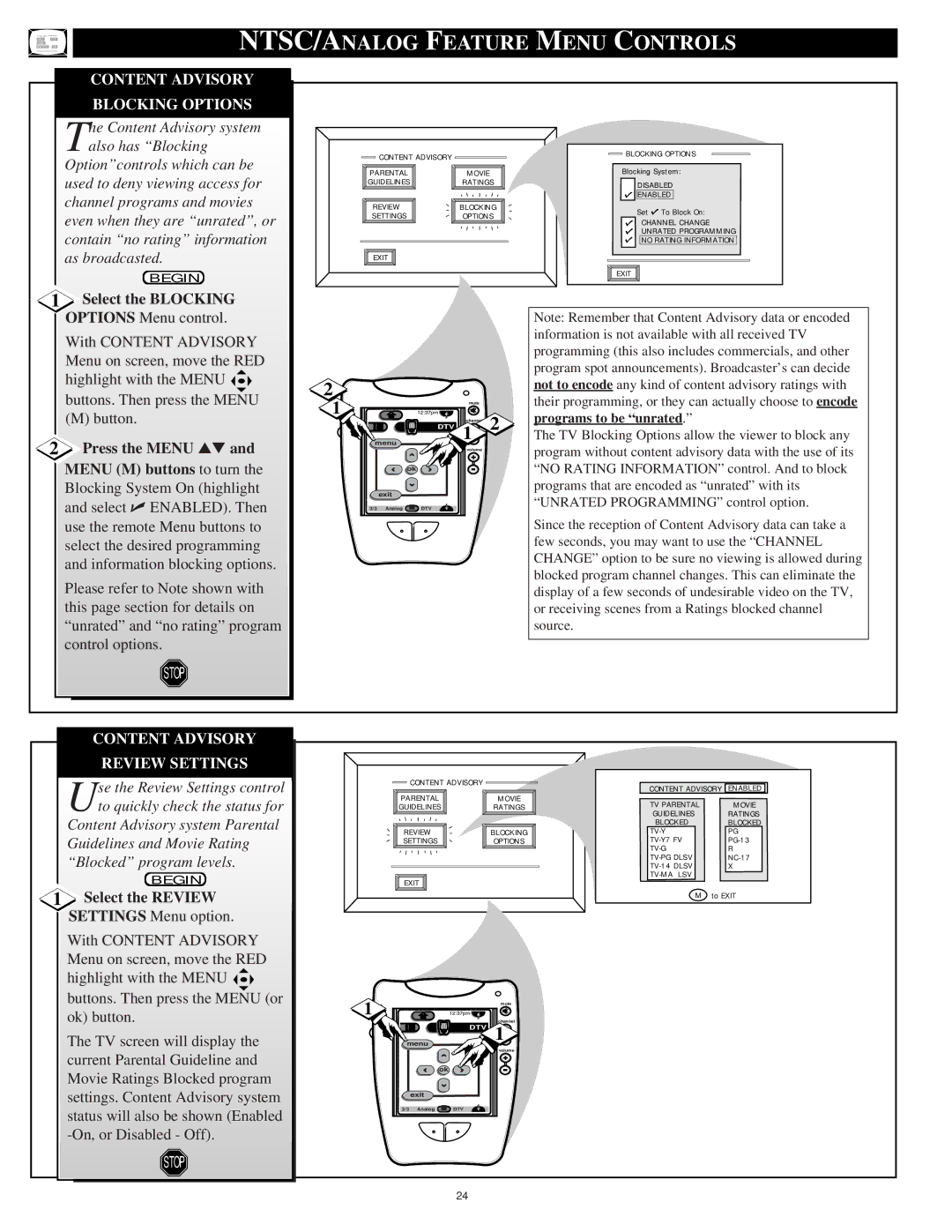 Philips HD6400W manual Content Advisory Blocking Options, Select the Blocking Options Menu control, Review Settings 